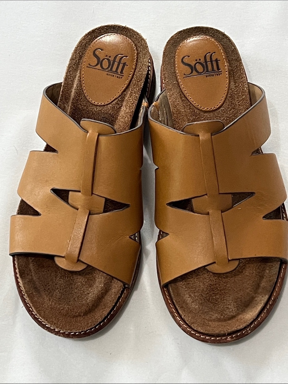 Sofft Balin Tan Leather Slide Sandals with Suede Footbed